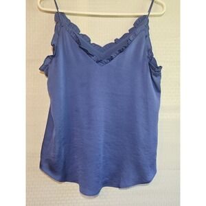 Express Womens Blouse Blue V Neck Ruffle‎ Spaghetti Tank Polyester Small S LINED
